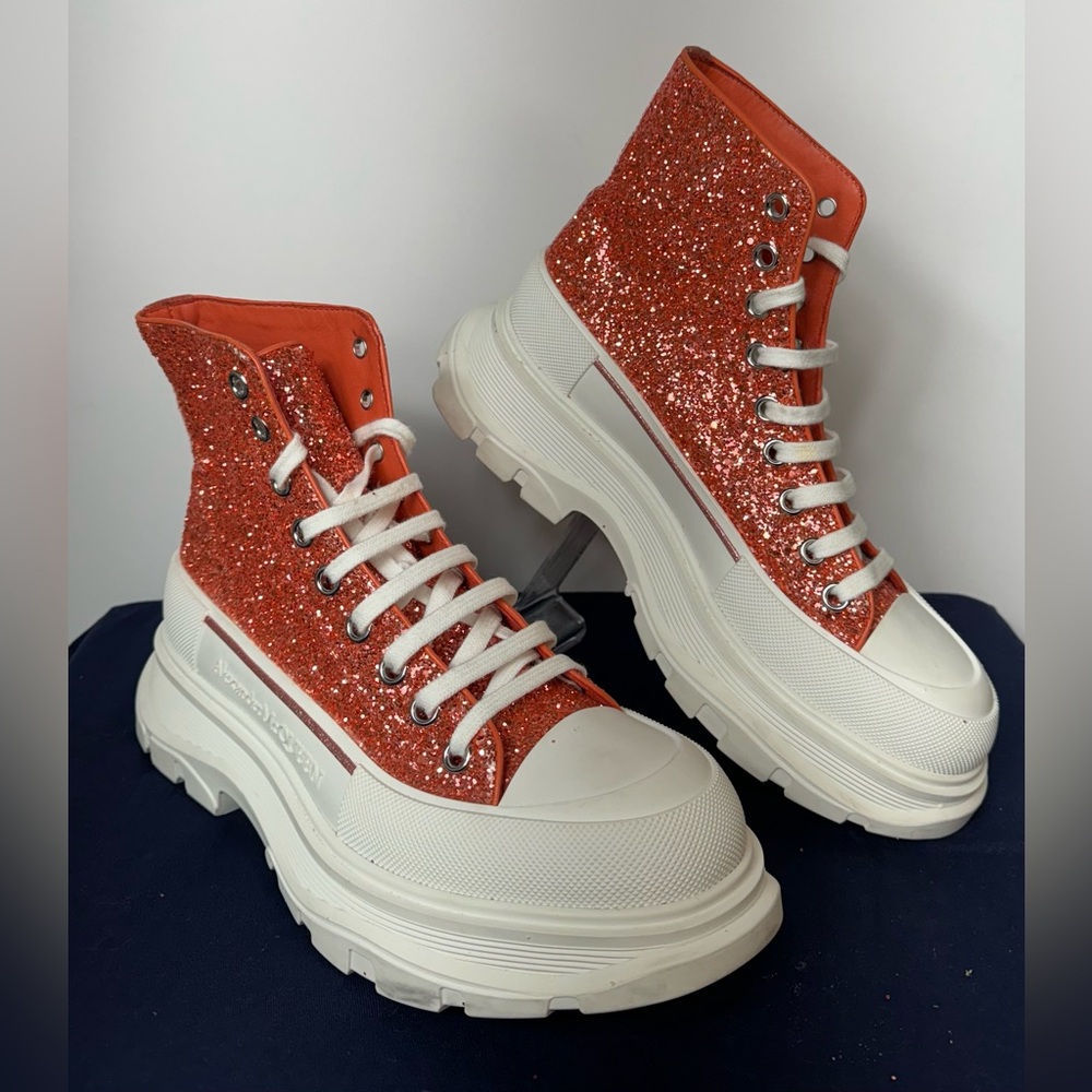 Alexander McQueen Tread Slick Glitter High-Top Boots Rose Gold 41.5 EU/11.5-$750